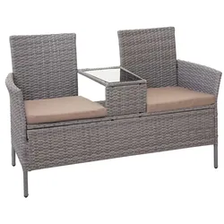 PROREGAL Poly-Rattan Sitzbank mit Tisch Gartenbank Sitzgruppe Gartensofa 132cm Grau Kissen Creme