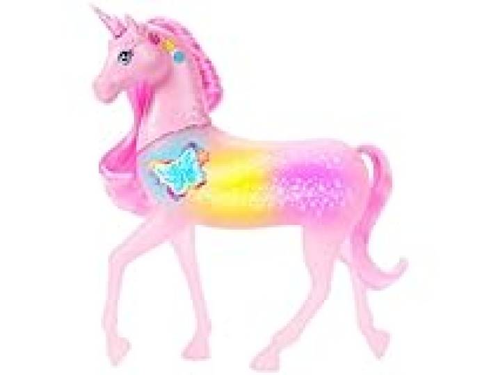 Barbie Licorne Sons et Lumières avec 20 combinaisons interactives de lumières, sons et musique, effets activés en appuyant sur des boutons et en caressant la tête, JCP78