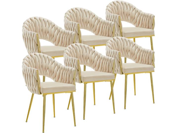 Set Esszimmerstuhl Caslano, Samtbezug, Lehne im Flechtdesign - sandfarben/gold