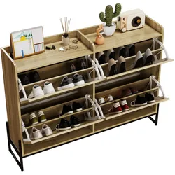 Schuhschrank 121x25x91 cm mit 4 Klappen in Holzfarbe und PE-Rattan, Sicherheitsfunktionen, Lüftungsschlitze