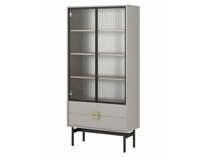 Selsey Vitrine Glas Vitrinenschrank Glasvitrine Wohnzimmer Glastür Hoch 84 cm 2 Schubladen 4 Fächer Graubeige Stoon