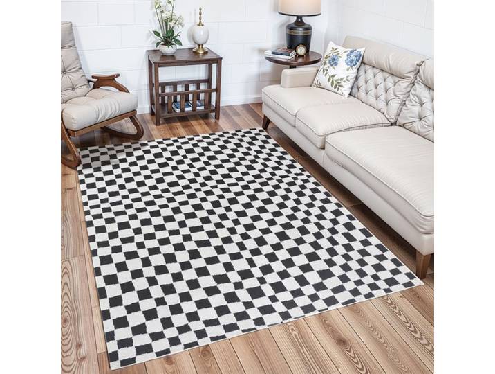 LIVABLISS Tapis de Salon à Poils Courts Doux Scandinave à Carreaux IRINA 160x213cm Noir/Blanc