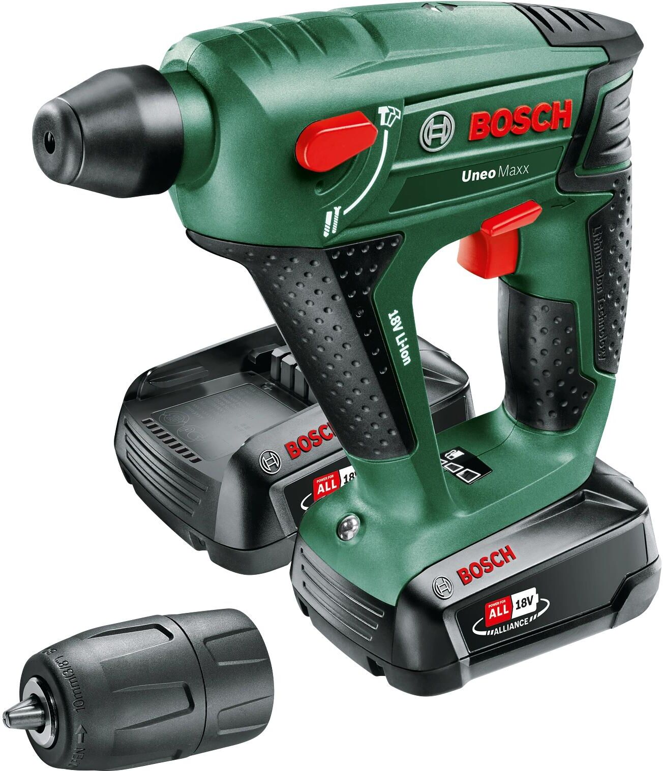 Akku-Bohrhammer BOSCH "Uneo Maxx 2.0 Ah", grün, B:113mm H:341mm L:386mm, Bohrmaschinen, Akku-Bohrhammer grün Einheitsgröße