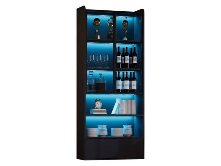 Vitrine Noire 80x34x180cm armoire Haute LED 1 Tiroir portes Vitrées compartiment Ouvert meuble De Salon Décoratif Sur Pied