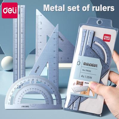 4 In 1 Deli Metal Ruler Set, Triangle Measuring Ruler For Kids, Drawing Straight Ruler School Office Accessories bronzed