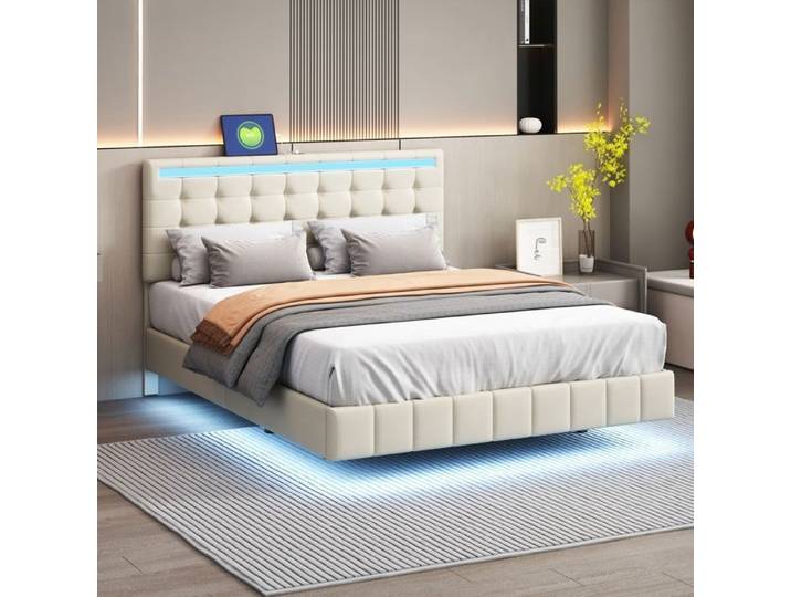 Lit Rembourré 140×200 Lit Double avec Port USB Lit Adulte avec éclairage LED Lit Flottant LED avec Tête de Lit Réglable Beige