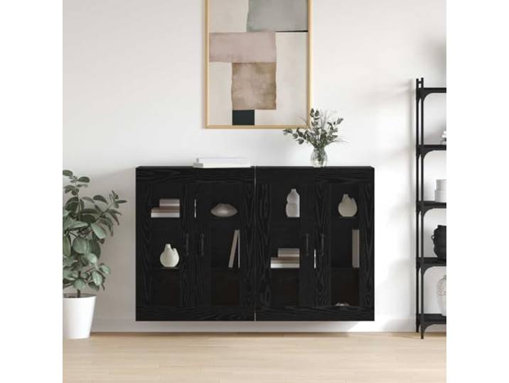 RJPLMFV Wandschrank, 2-teilig, Eiche, Schwarz, 69,5 x 34 x 90 cm Glastüren, praktische Regale, Holz, moderne Griffe, pflegeleicht