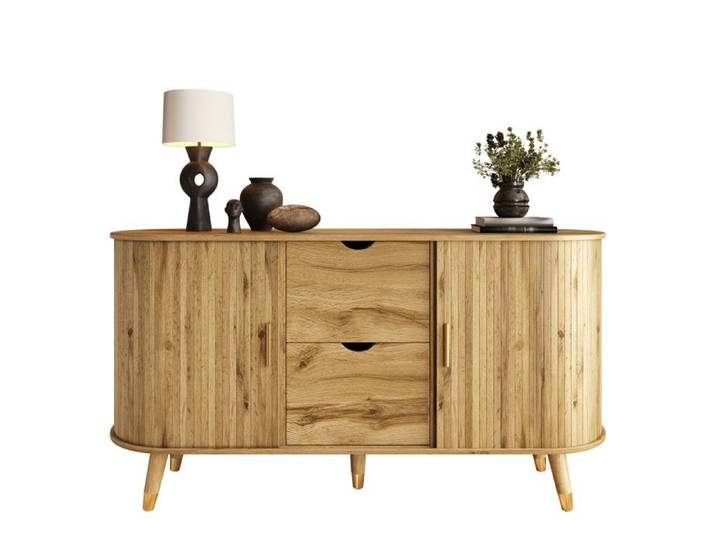Buffet bas meuble rangement 140x40x79 5 cm avec portes coulissantes 2 tiroirs MDF pieds en bois FOLYNA