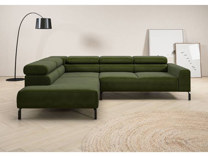 Ecksofa, 276x219 cm, Feincord, Moos, Elektrische Sitztiefenverstellung, Modern