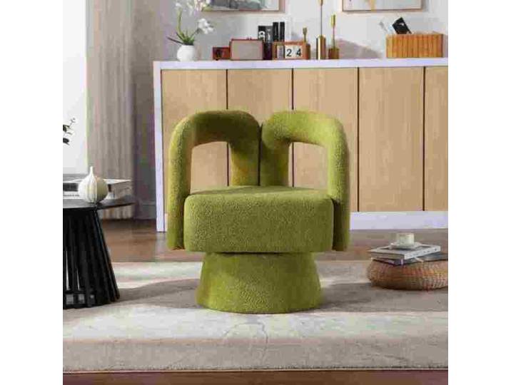 Fauteuil pivotant - LANGTU - Tonneau - Tissu bouclé olive - Mousse haute densité - Piètement métal