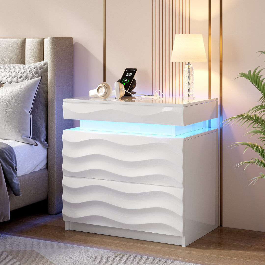 Metro Bedside Table with Hidden Storage and Motion Sensor LED Light White 60cm H X 60cm W X 40cm D