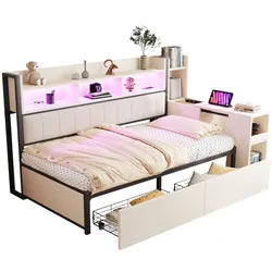 Einzelbett 90x200 mit Schreibtisch und Stauraum, beweglicher Tisch, integrierte Steckdosen, Metall & Holz, ideal für Homeoffice oder Gästezimmer–Weiß