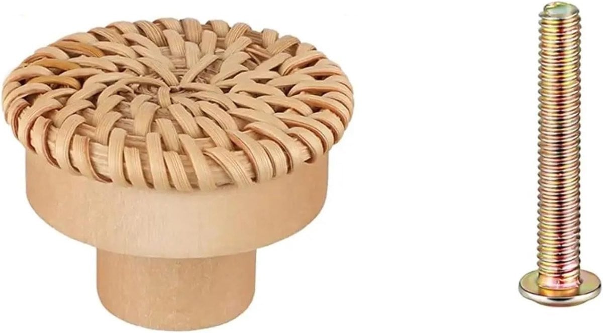 Set van 12 houten ladeknoppen van natuurlijk gevlochten rotan in houtkleur
