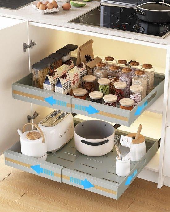 Unyqoos Set van 2 verstelbare ladeorganizers van koolstofstaal, grijs, voor keuken, badkamer en kantoor