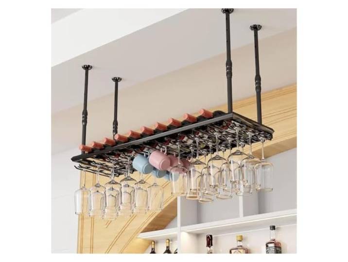 Auf den Kopf gestelltes herunterhängendes Wohnzimmer-Weinregal Wandmontiertes Weinglasregal für Flaschen, schwimmender Weinhalter, Flaschen-Display-Lagerregal(Black,60x30cm)