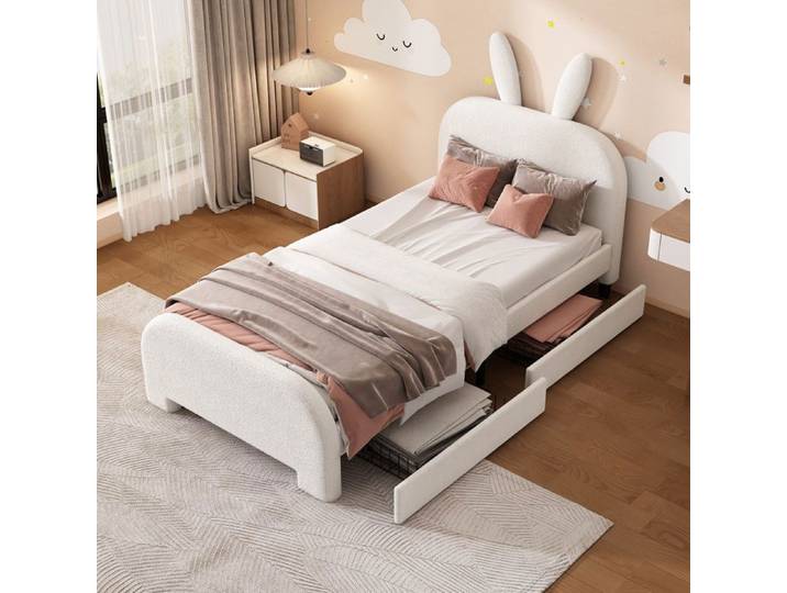 Lit combiné enfant - MAISENTIEL - Lapin - 90 x 200 cm - tête rembourrée lapin - 2 tiroirs