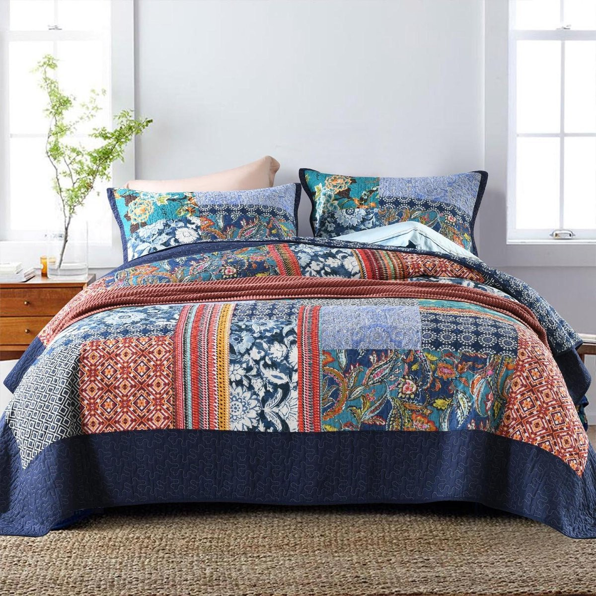 Omkeerbare Patchwork Spreiset met Quilt Dekbed - Marineblauw