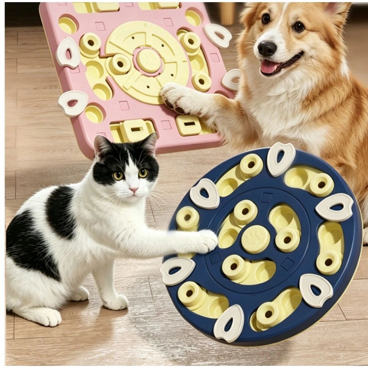 INF Interaktiver Katzen-Puzzle-Futterspender – blattförmiger Slow Feeder mit Klang, tiefblaues Kunststoff-Bereicherungsspielzeug