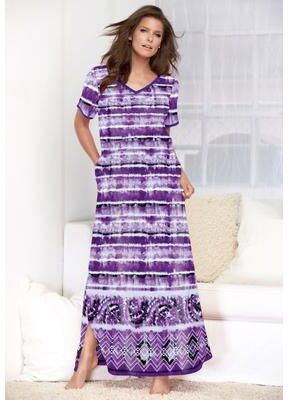 Plus Size Women's V-Neck Short Sleeve Maxi T-Shirt Lounger by Dreams & Co. in Wild Berry Tie Dye Stripe (Size S)