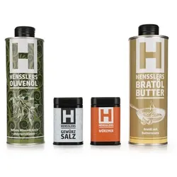 Hensslers Food Set Oliven- und Bratöl Würzmix & Gewürzsalz 4tlg. Inhalt 1L, 160g