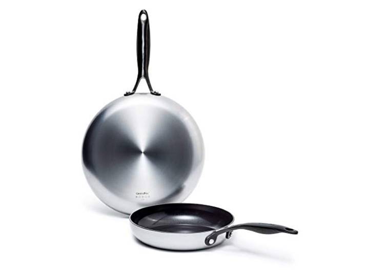 GreenPan Venice Pro Noir 26cm & 30cm Bratpfannen-Set, 3-lagiger Edelstahl, gesunde Keramik-Antihaftbeschichtung, Mattschwarzer Griff, PFAS-frei, Induktion, Spülmaschinengeeignet, Backofenfest, Silber