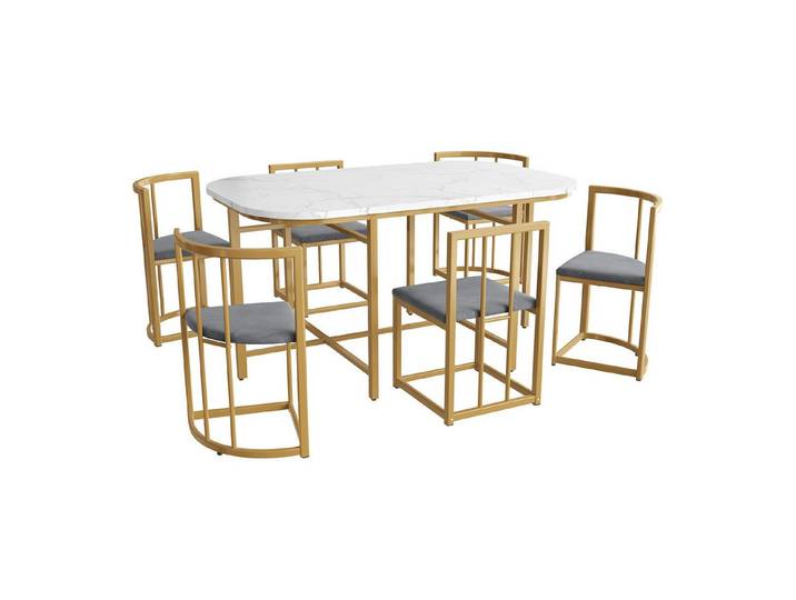 OKWISH Essgruppe Esszimmertisch-Set, (mit Esstisch, 4 kleinen Hockers und 2 großen Hockers, 7-tlg), Stühle mit Rückenlehnen und grauen Polstern