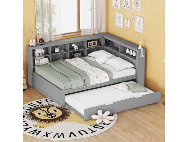 Canapé-lit - CIPACHO - 140x200 + gigogne 90x190 - Prise USB - Rangements - Bois massif gris