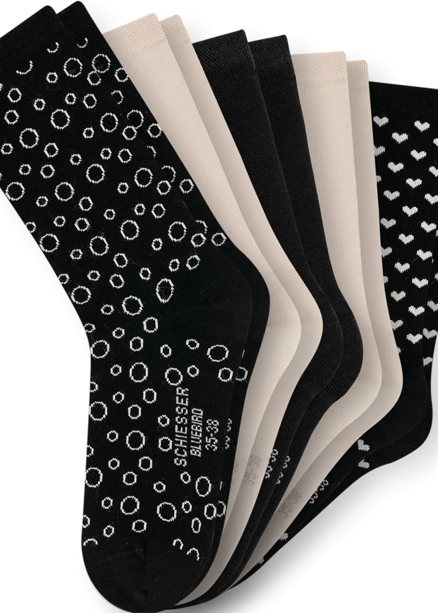Socken SCHIESSER "Bluebird", Damen, Gr. 39-42, schwarz (910, sortiert 4), Obermaterial: 77% Baumwolle, 22% Polyamid, 1% Elasthan, Socken Socken 910, sortiert 4 39-42