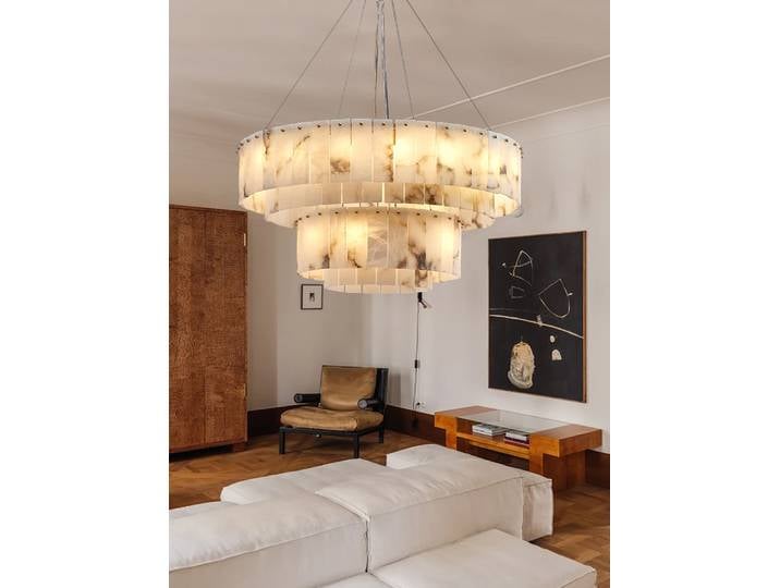 Lustres de luxe tout en cuivre et marbre naturel, décoration de salon, luminaire élégant, lampes en albâtre, Lustres de salle à manger