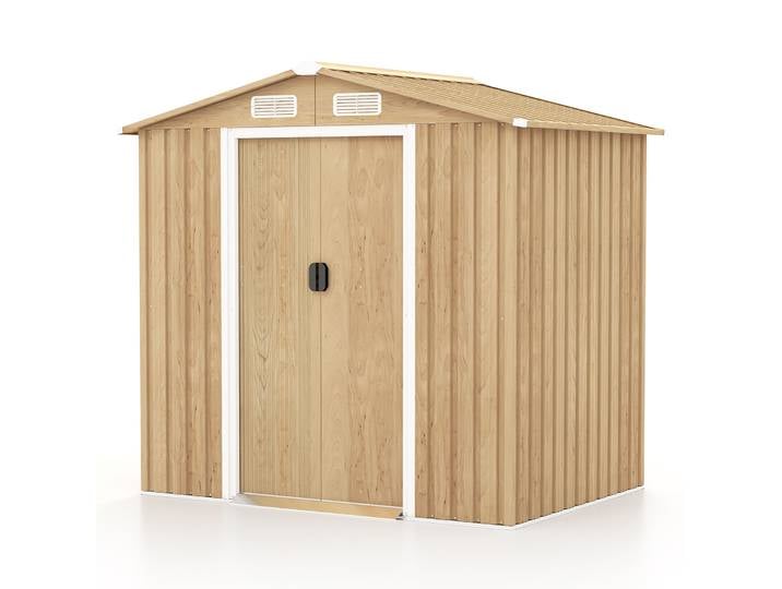 Abri à outils en métal, hangar de jardin verrouillable avec 4 évents, porte coulissante et rampe, hangar de jardin extérieur, hangar en métal, hangar à outils