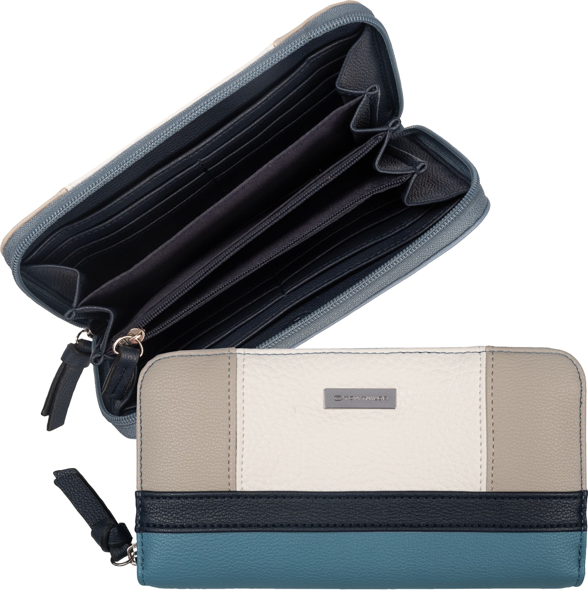Geldbörse TOM TAILOR "Juna", Damen, blau, Polyurethan, gepflegt, kontrastfarbene Details, mehrfarbig, Kleinlederwaren Geldbörse, aus soft genarbtem ledrigen Material mit glänzenden Metall-Accessoires blau Einheitsgröße