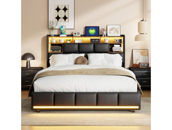 Lit double 140x200 cm ADWOLT LED USB Hydraulique cadre de lit 140x200 cm lit coffre 140x200 cm noir tissu en PU