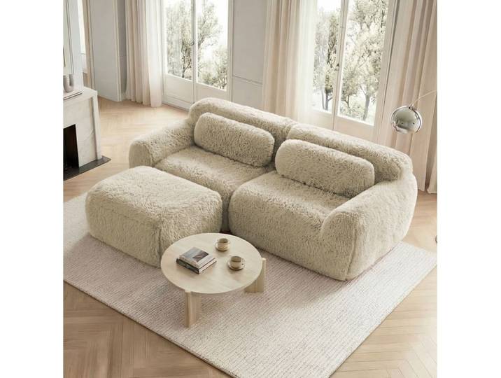 JOINERY canapé d angle modulable 2 places forme L tissu peluche kaki clair avec pouf sans montage 204 x 179 x 73 cm