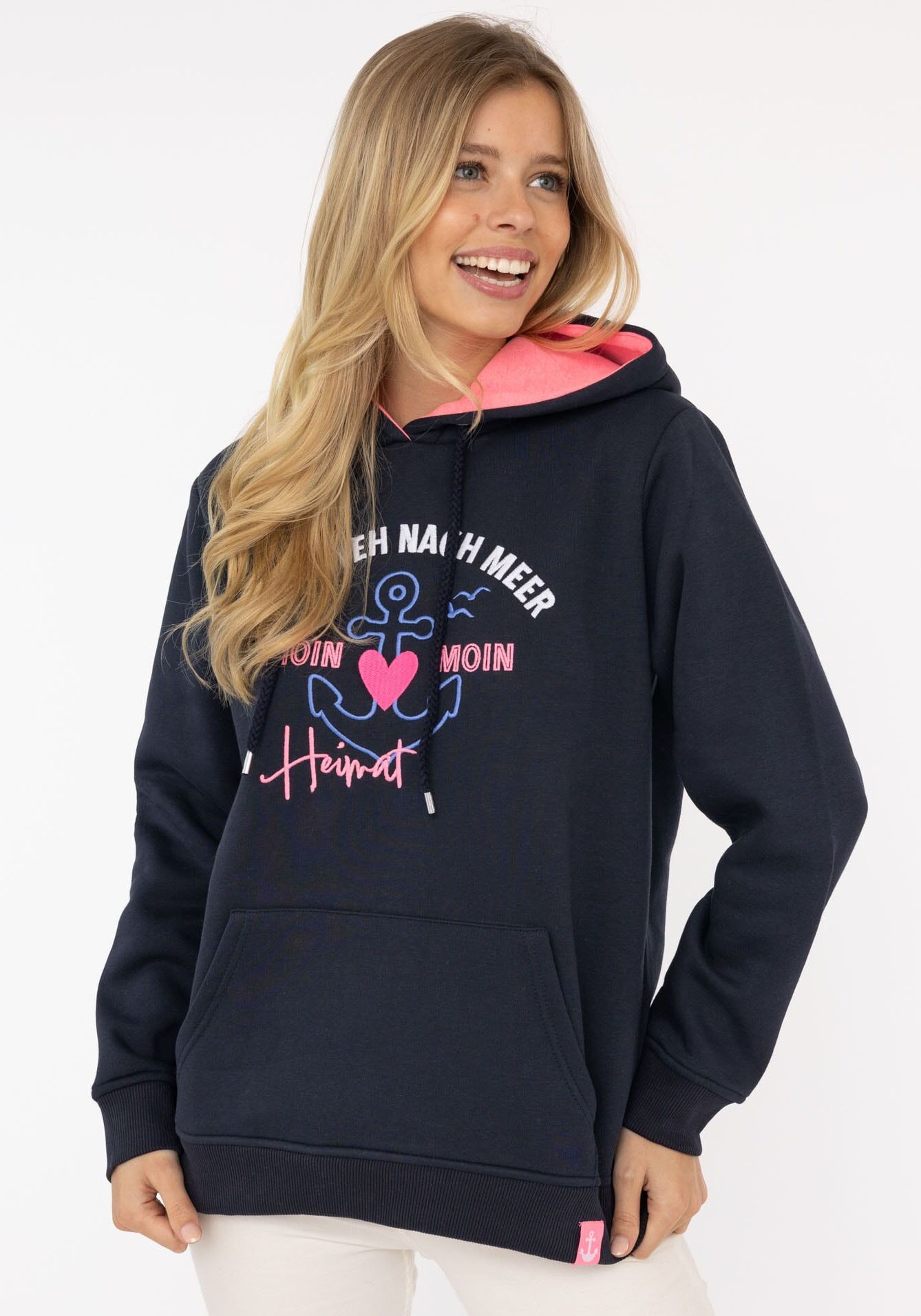 Hoodie ZWILLINGSHERZ "Fernweh nach Meer", Damen, Gr. SM (S/M), blau (marine), Obermaterial: 50% Baumwolle, 50% Polyester, comfort fit hüftbedeckend, V-Ausschnitt, Sweatshirts Hoodie, mit maritimer Stickerei, Kängurutaschen marine SM (S/M)