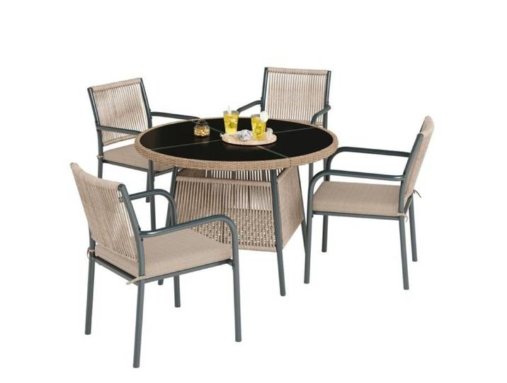 Ensemble Mobilier De Jardin Rotin Table Ronde Verre 4 Fauteuils Structure Fer Gris Pour Terrasse Balcon 110x110x74cm 48x45x84cm