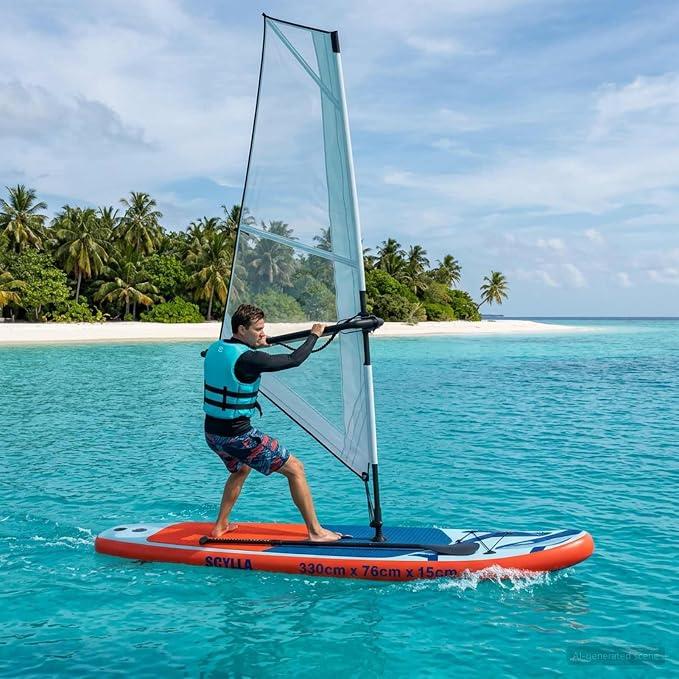 Aufblasbares SUP Board mit Segel, Windsurfing Stand Up Paddleboard aus UV-beständigem PVC mit Pumpe Paddel Tasche 330x76x15 cm for Erwachsene Seen Meer Fluss Outdoor Wassersport