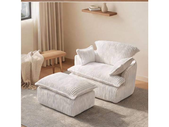 Fauteuil canapé 1 place fixe en tissu flanelle cord linen beige avec hocker style contemporain vintage compact et compressé