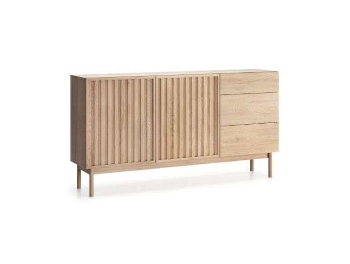 BEAUTY SOFA Kommode Sapporo 159 cm im Japandi-Stil, Sideboard mit Lamellenfront, 3 Schubladen und 2 Türen, Push-to-Open, Moderne Anrichte mit Stauraum