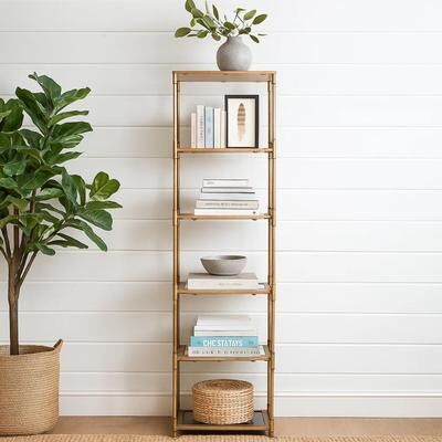 Benjara 71 Inch Shelf, 6 Tier Design, 5 Mirrored Glass Shelves, Iron Frame, Gold Finish