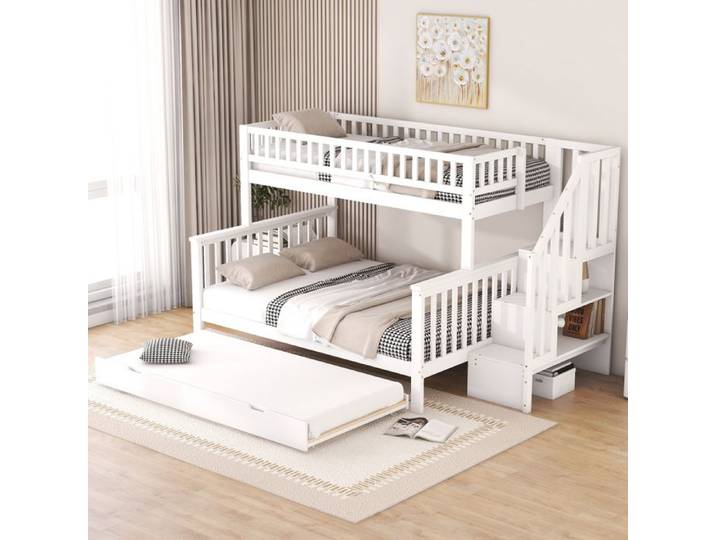 Lit superposé enfant - ZEVKOR - 90×200/140×200 - Escalier rangement - Lit gigogne - 3 couchages