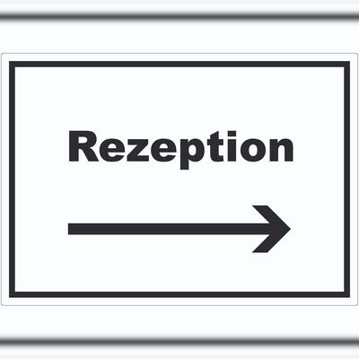 HB-Druck Rezeption Aufkleber mit Text und Richtungspfeil rechts Anmeldung Eingang waagerecht A7 (74x105mm)