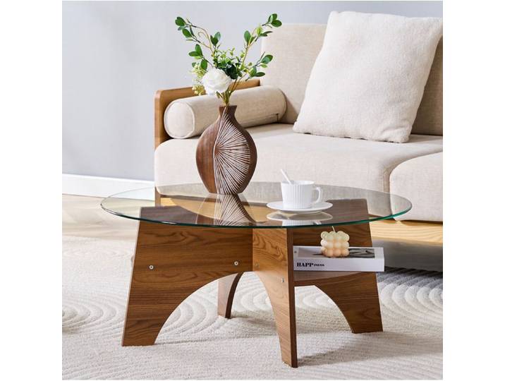 SENVIRO table d appoint ronde en verre securise 80 transparente noyer