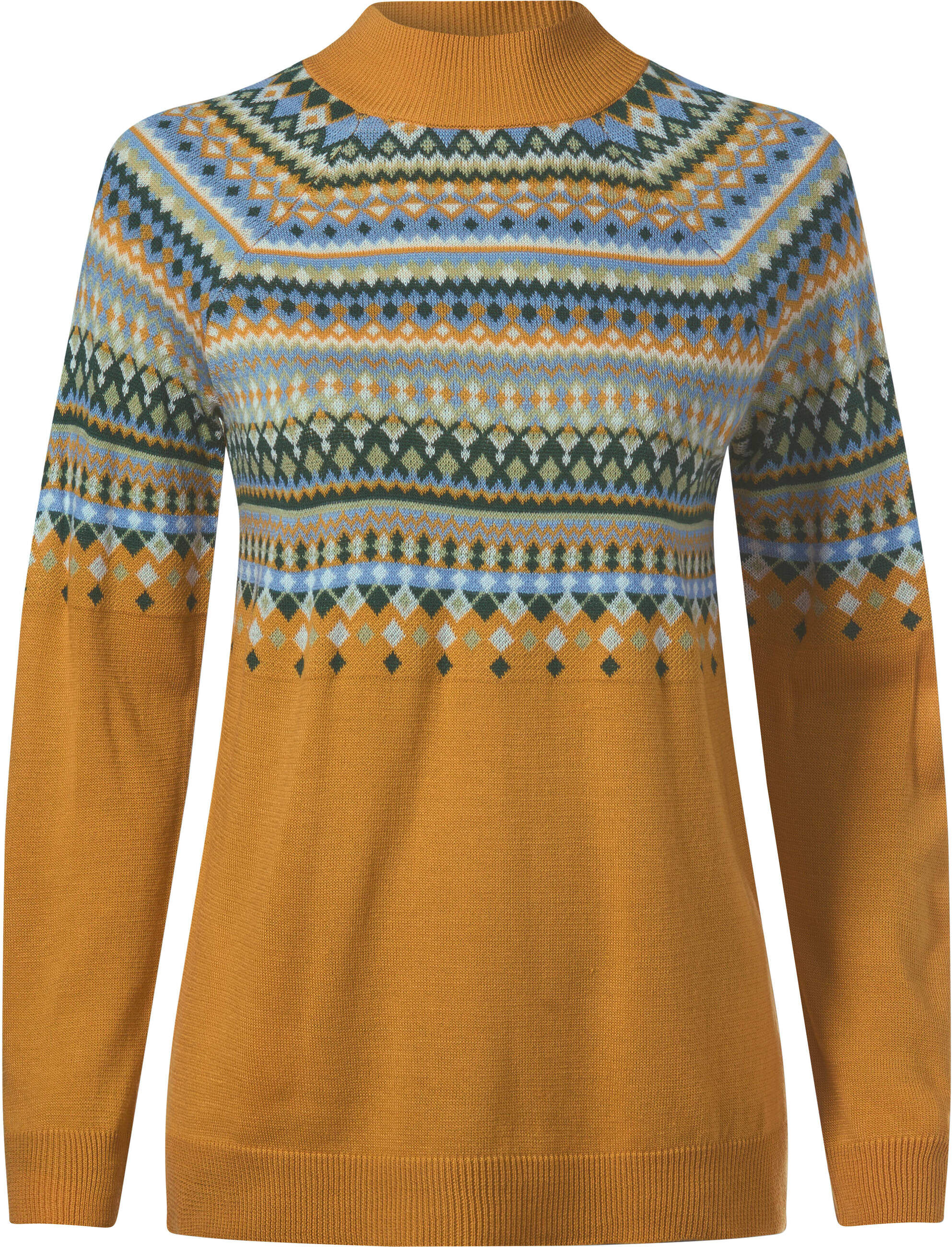 Sieh An! Longpullover SIEH AN "Norwegerpullover Norwegerpullover mit Raglan-Ärmeln", Damen, Gr. 40, ocker, lindgrün, gemustert, Strick, , Sportlich, Rundhals, Pullover Longpullover