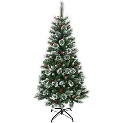 COSTWAY 150cm Kunstbaum, rote Beeren, schneebedeckt, Metallständer, PVC- & Tannennadeln, Klappsystem.