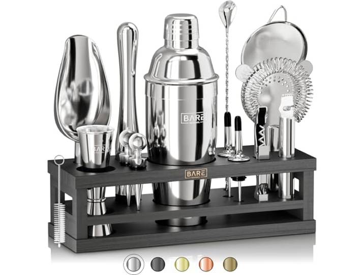 BARE BARREL® Mixology Barkeeper-Set Bar-Set 16-teiliges Cocktail-Shaker-Set Martini-Barzubehör Mixwerkzeuge für zu Hause inkl. 35 Rezeptkarten Geschenkset (680.4 g Cobbler Shaker,