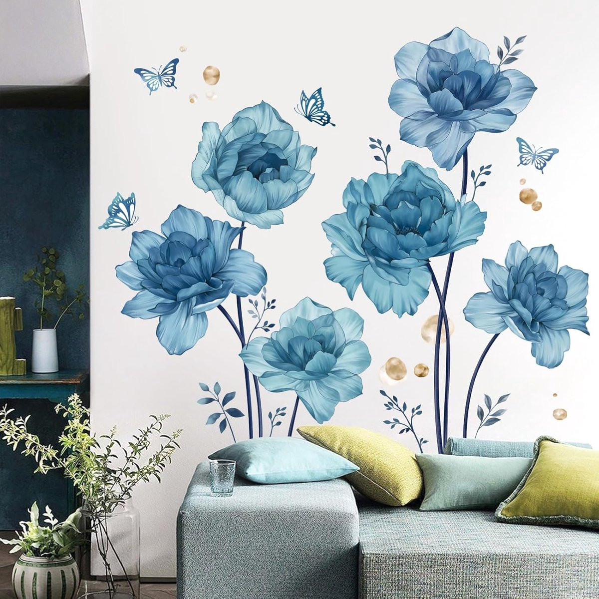 ShopVlot Wandstickers Peony met grote blauwe bloemen - Zelfklevend PVC