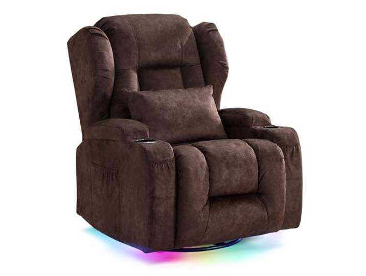 LIFTSHA Relaxsessel mit Liegefunktion, Drehbarer Schaukelstuhl Fernsehsessel mit Heizung & Vibrierende Massage, TV Sessel Heimkinositze mit LED-Umgebungslicht, Elektrisch Verstellbar (1, Braun)