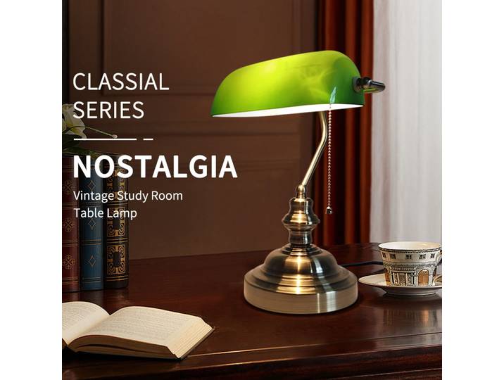 Lampe de bureau vintage en verre vert avec interrupteur à chaîne, lampe de table E27 pour bureau, chambre, chevet, lecture, décoration intérieure, cadeau