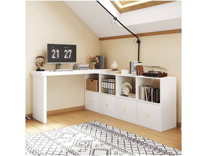 Bureau d'Angle 1 Personne 4 Niches et 4 Tiroirs Plateau Pivotant à 360° - MEUNIQ - MDF Blanc pour Bureau