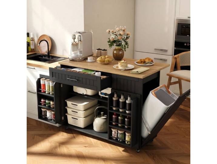 NuvlaGu - Îlot de cuisine sur roulettes - Plan de travail pliable avec rangement - Pour Salle à manger et cuisine - Noir